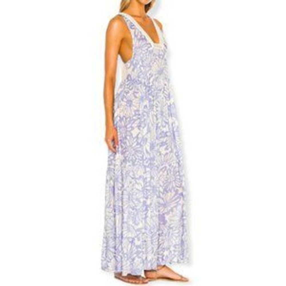 Intimately Free People Floral Crochet Lace Maxi Dress Blue Cream Sleeveless XS